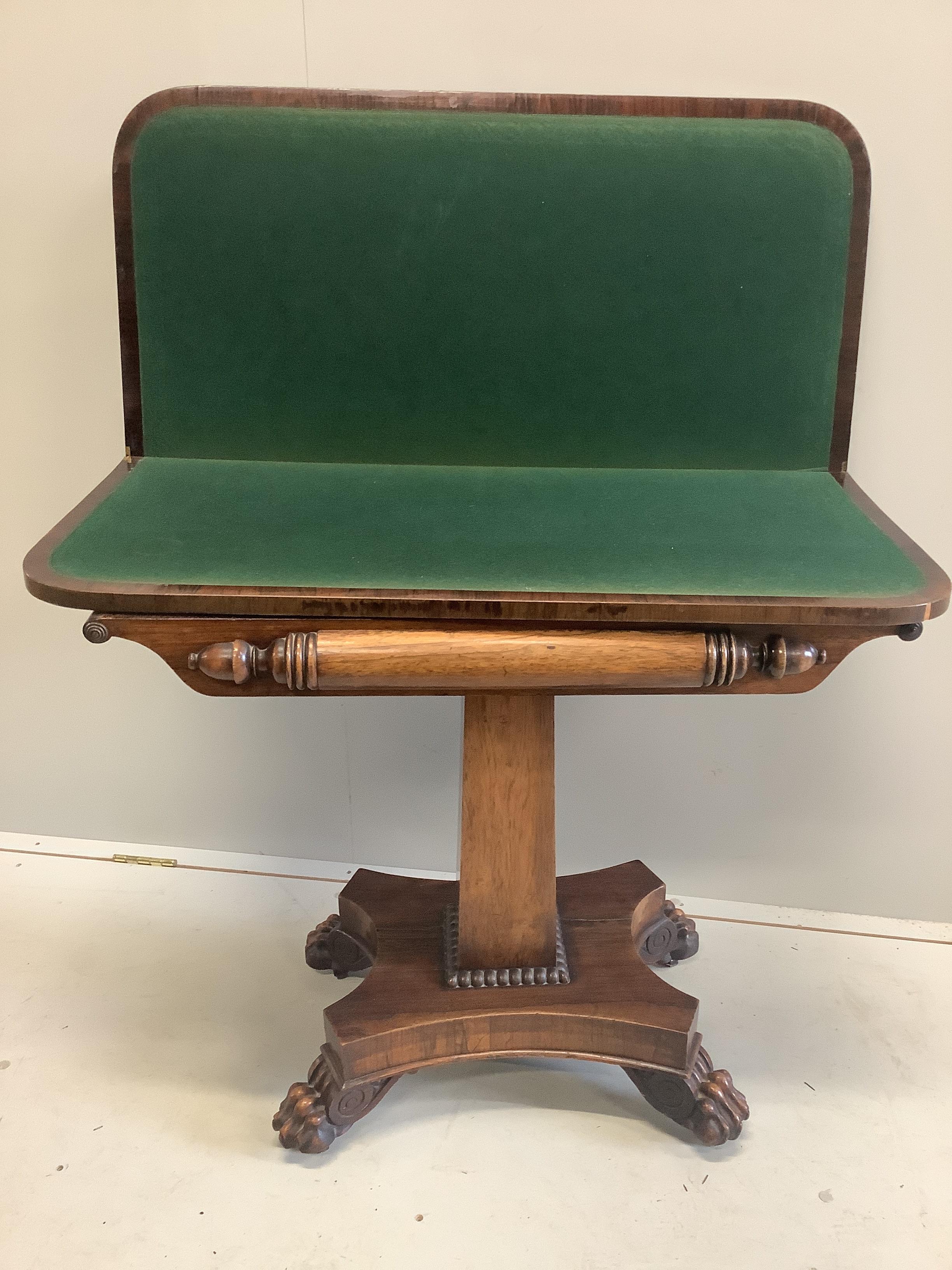 A William IV rosewood folding card table, width 90cm, depth 43cm, height 77cm